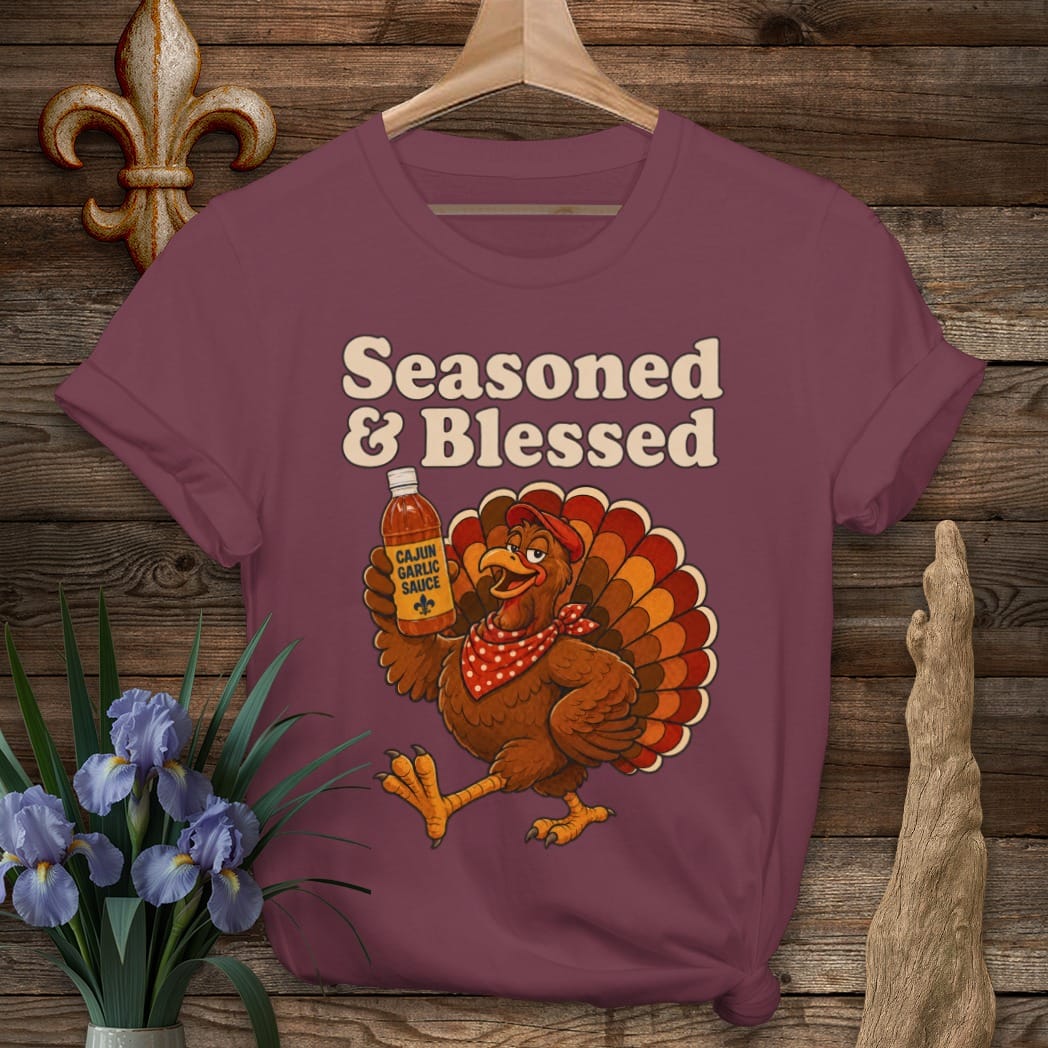 S / Maroon Louisiana Seasoned & Blessed T-Shirt by Laissez Faire Wear