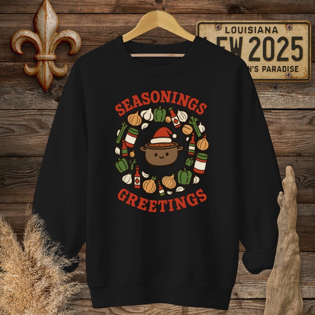 S / Black Louisiana Seasonings Greeting Christmas Sweatshirt by Laissez Faire Wear