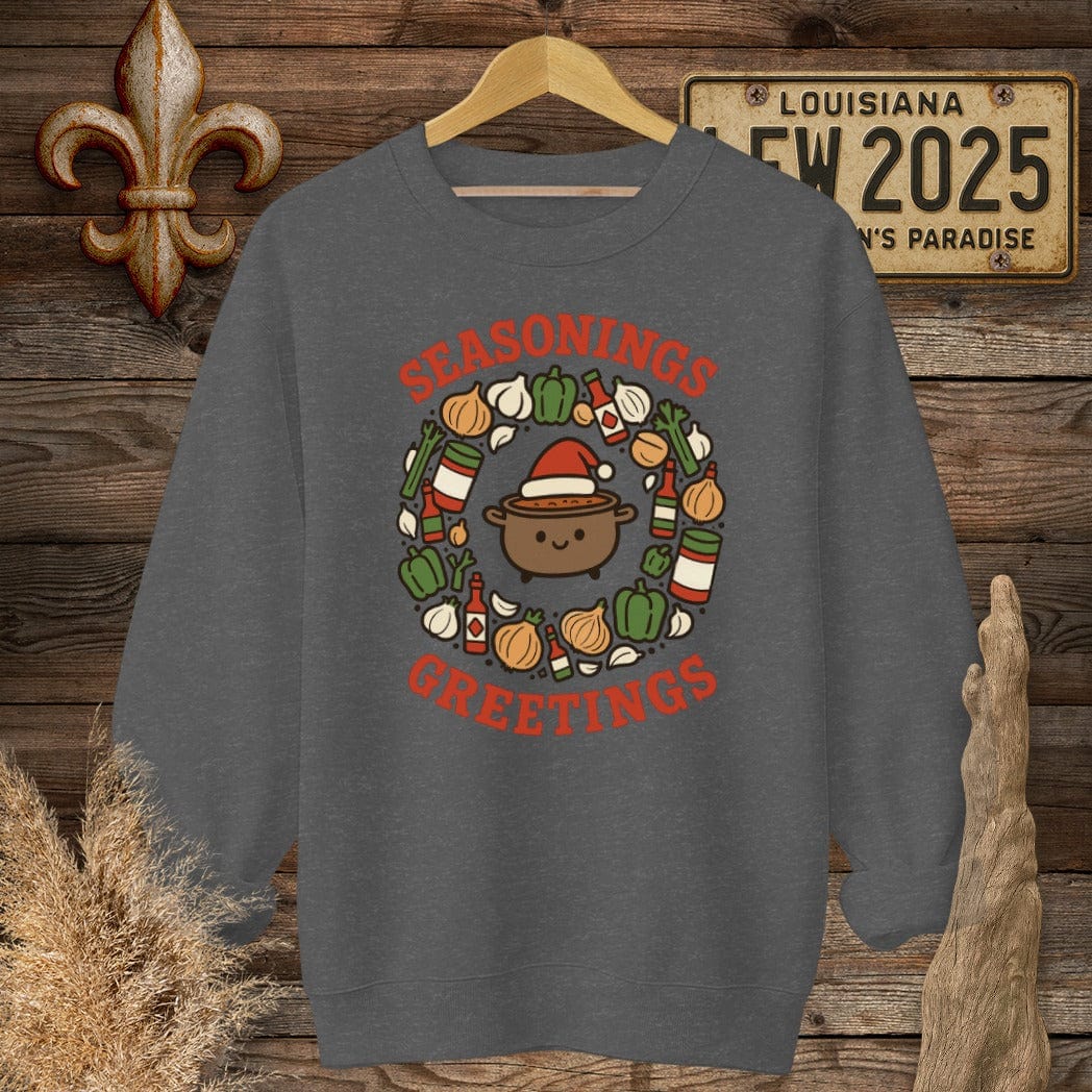 S / Dark Heather Louisiana Seasonings Greeting Christmas Sweatshirt by Laissez Faire Wear