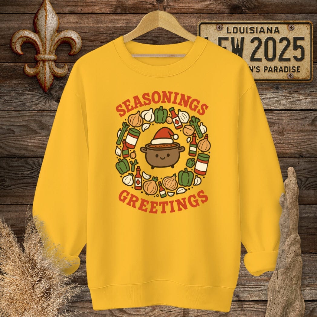 S / Gold Louisiana Seasonings Greeting Christmas Sweatshirt by Laissez Faire Wear