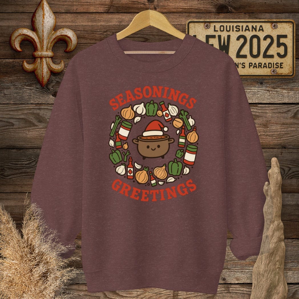 S / Heather Sport Dark Maroon Louisiana Seasonings Greeting Christmas Sweatshirt by Laissez Faire Wear