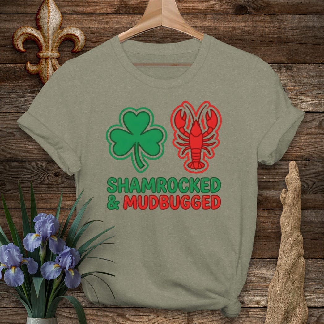 S / Heather Military Green Louisiana Shamrocked & Mudbugged T-Shirt by Laissez Faire Wear