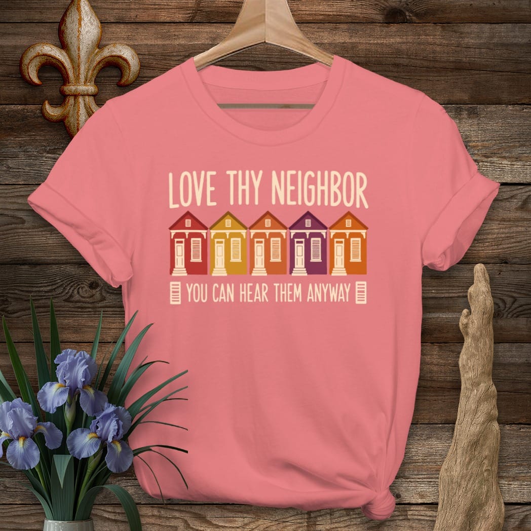 S / Coral Silk Louisiana Shotgun Neighbors T-Shirt by Laissez Faire Wear