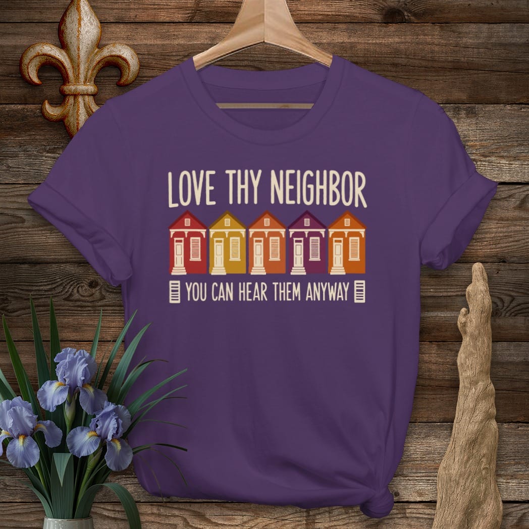 S / Purple Louisiana Shotgun Neighbors T-Shirt by Laissez Faire Wear