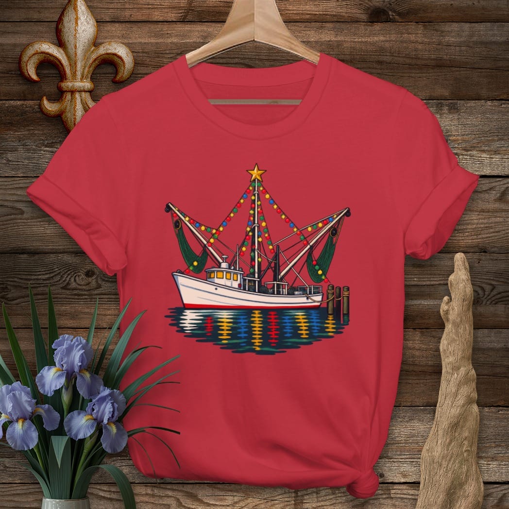 S / Cherry Red Louisiana Shrimp Boat in Lights T-Shirt by Laissez Faire Wear