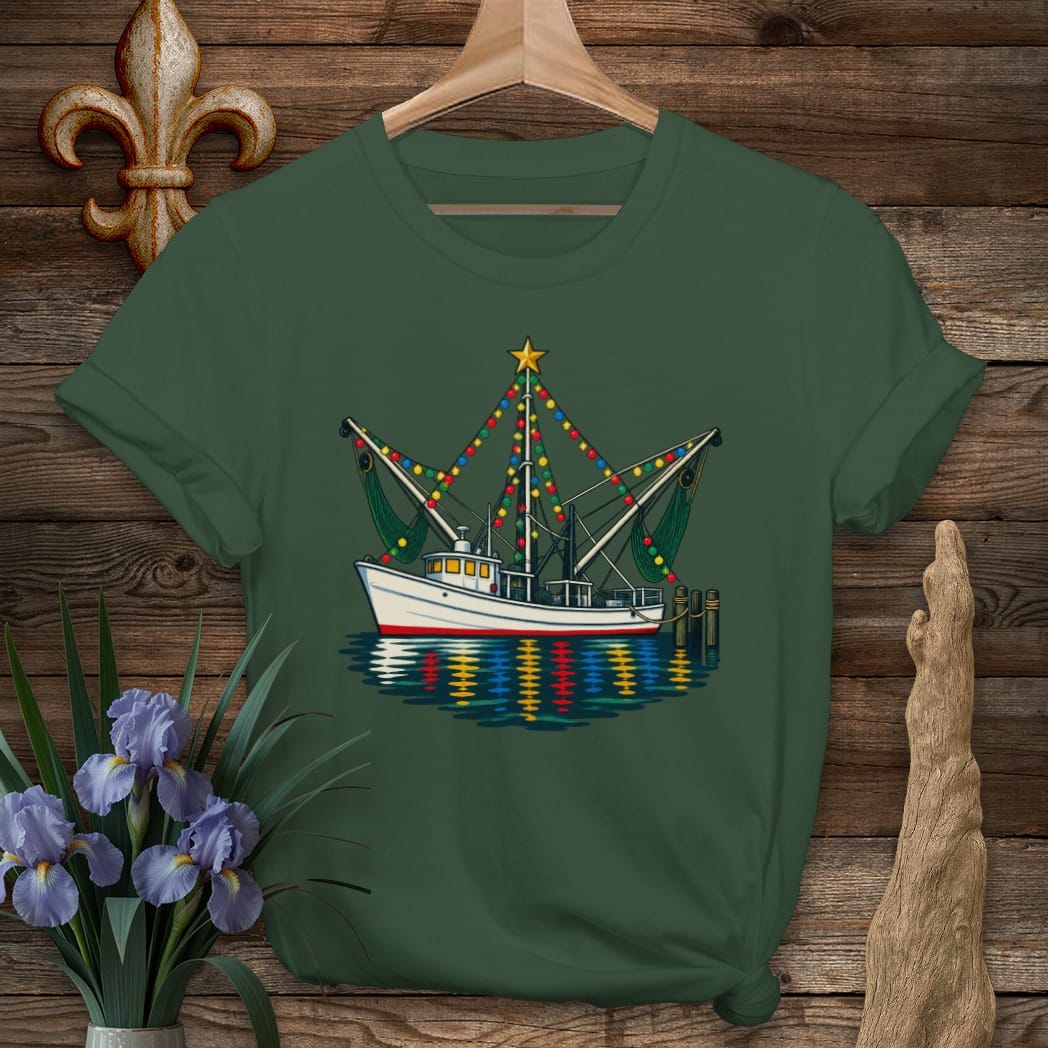 S / Forest Green Louisiana Shrimp Boat in Lights T-Shirt by Laissez Faire Wear