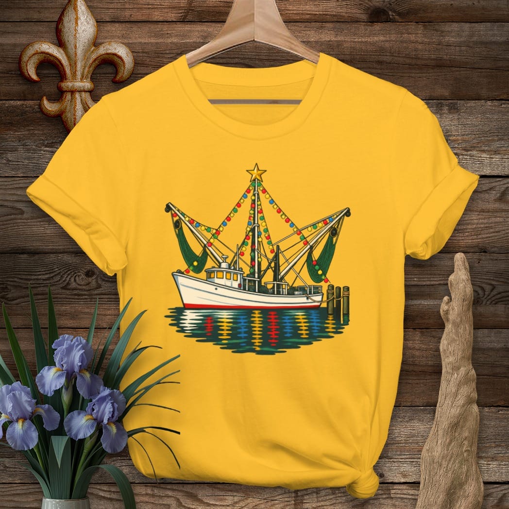 S / Gold Louisiana Shrimp Boat in Lights T-Shirt by Laissez Faire Wear