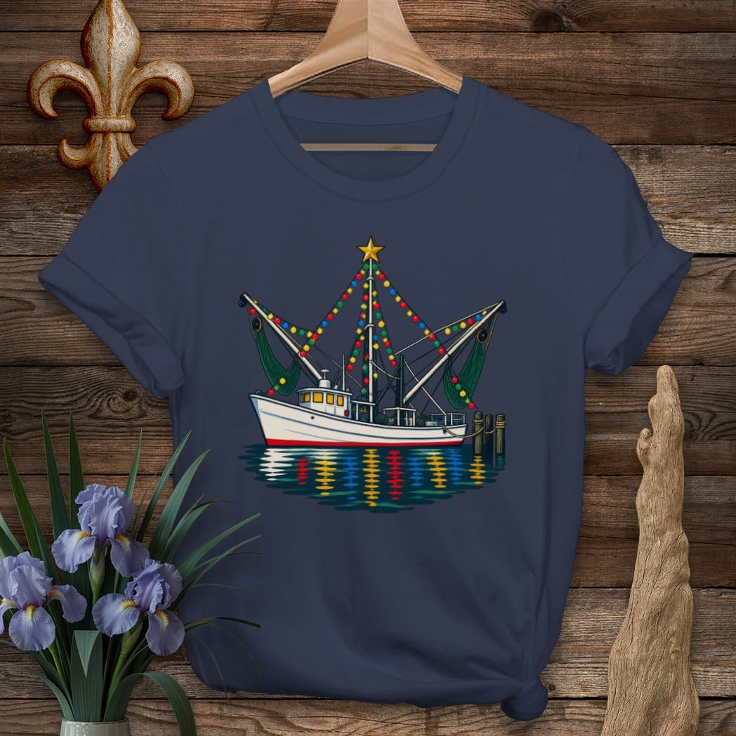 S / Navy Louisiana Shrimp Boat in Lights T-Shirt by Laissez Faire Wear