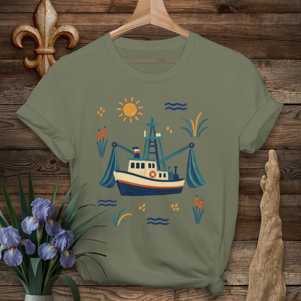 S / Military Green Louisiana Shrimp Boat T-Shirt by Laissez Faire Wear