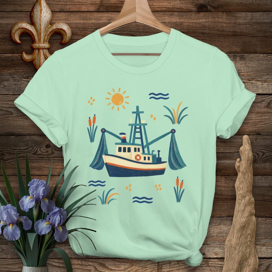 S / Mint Green Louisiana Shrimp Boat T-Shirt by Laissez Faire Wear