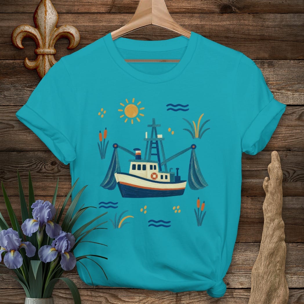 S / Tropical Blue Louisiana Shrimp Boat T-Shirt by Laissez Faire Wear