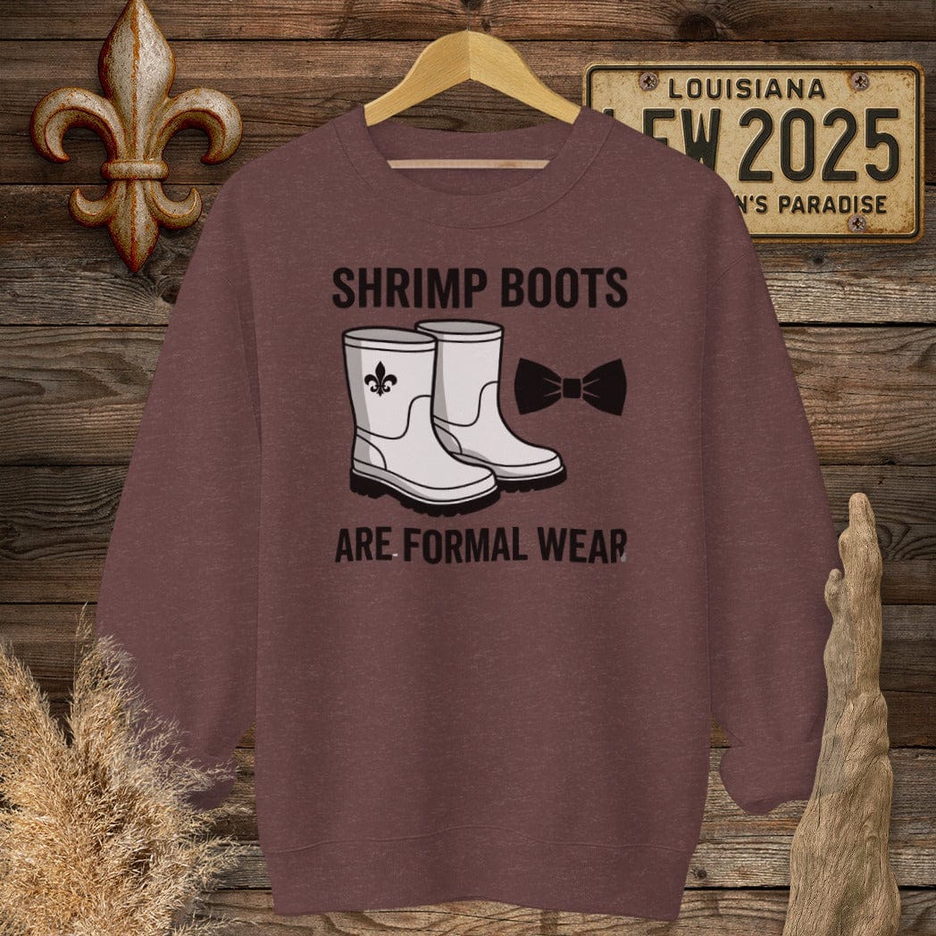 S / Heather Sport Dark Maroon Louisiana Shrimp Boots Sweatshirt by Laissez Faire Wear