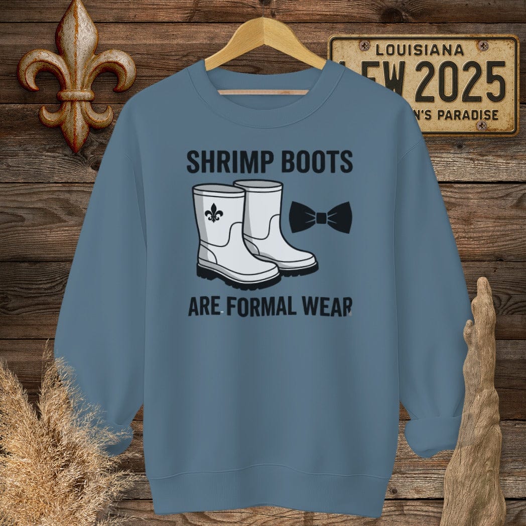 S / Indigo Blue Louisiana Shrimp Boots Sweatshirt by Laissez Faire Wear