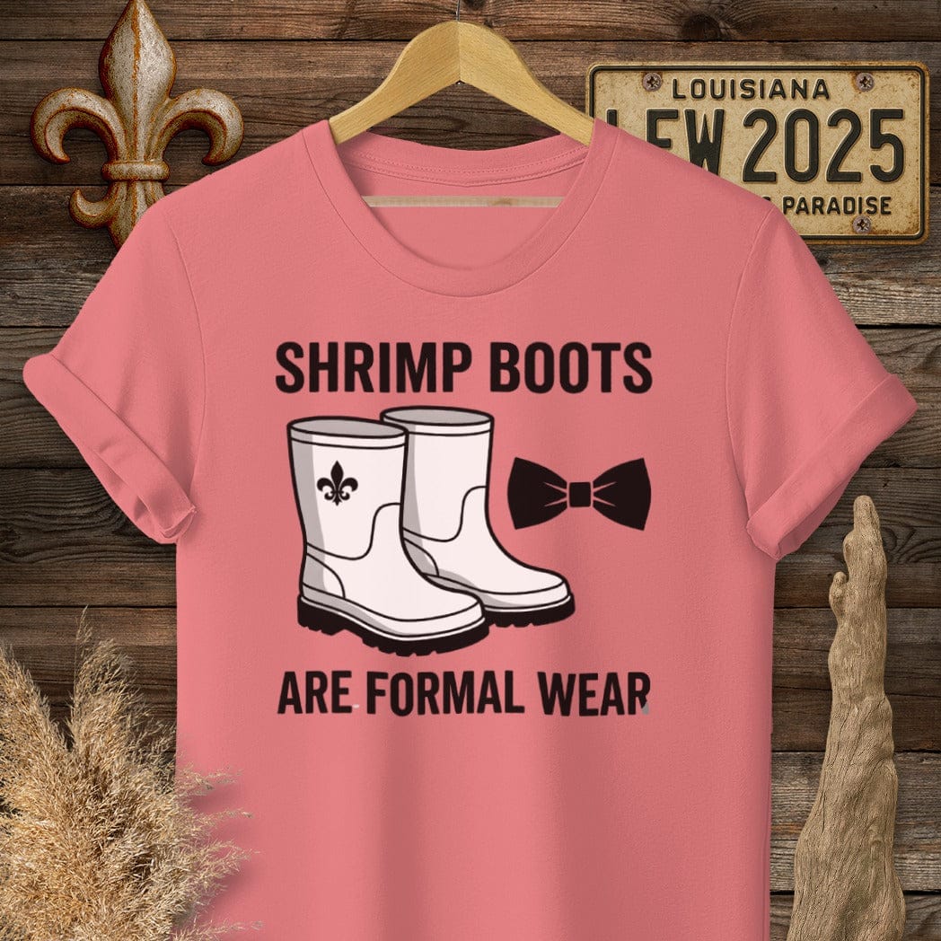 S / Coral Silk Louisiana Shrimp Boots T-Shirt by Laissez Faire Wear