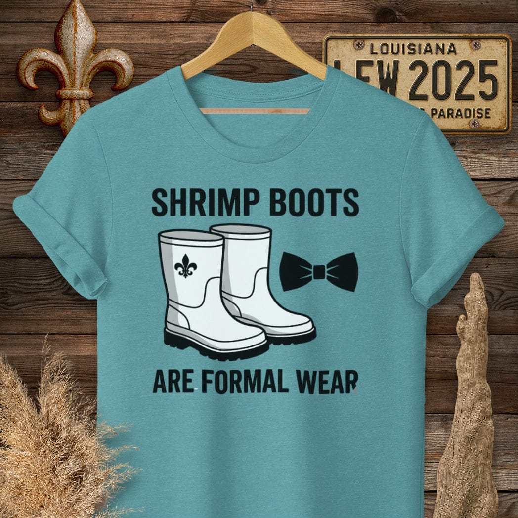 S / Heather Galapagos Blue Louisiana Shrimp Boots T-Shirt by Laissez Faire Wear