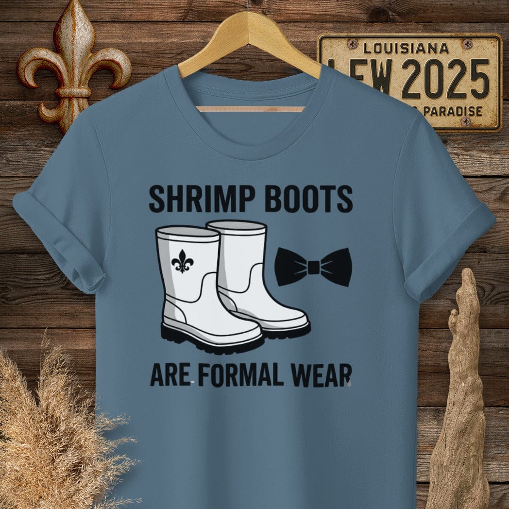 S / Indigo Blue Louisiana Shrimp Boots T-Shirt by Laissez Faire Wear