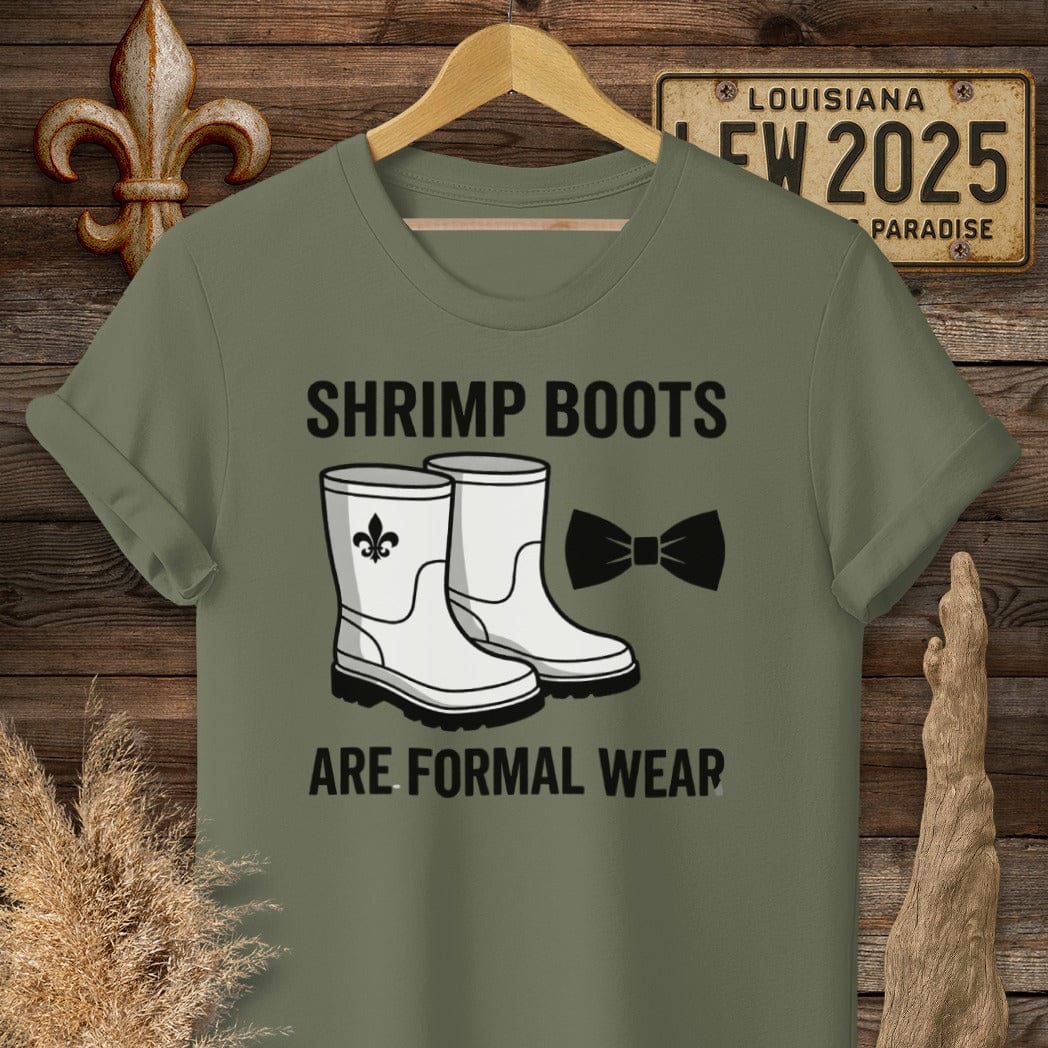 S / Military Green Louisiana Shrimp Boots T-Shirt by Laissez Faire Wear