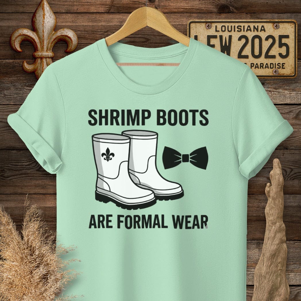 S / Mint Green Louisiana Shrimp Boots T-Shirt by Laissez Faire Wear