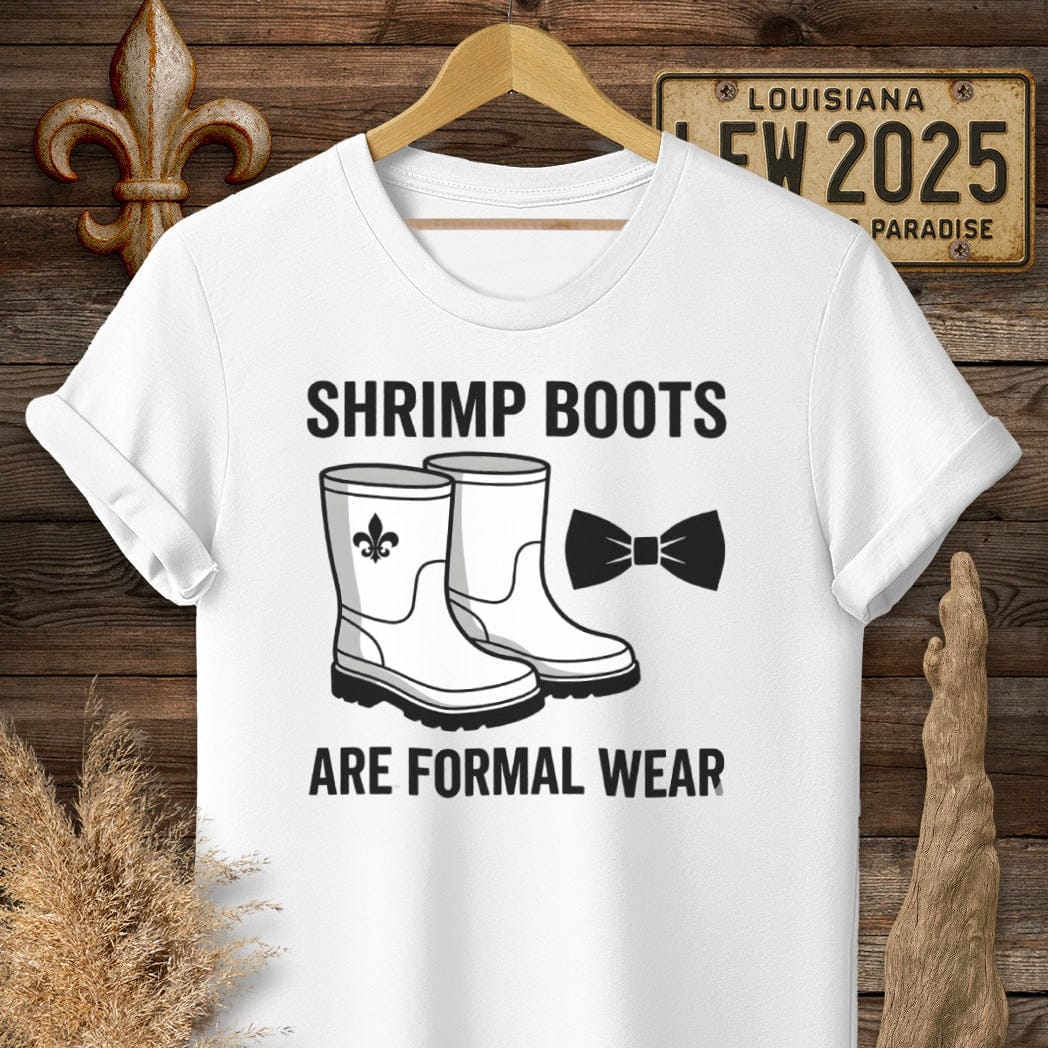 S / White Louisiana Shrimp Boots T-Shirt by Laissez Faire Wear