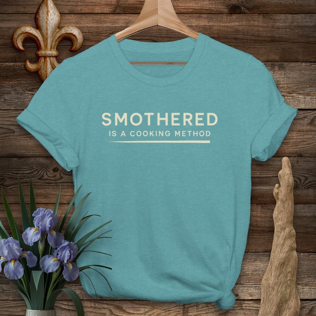 S / Heather Galapagos Blue Louisiana Smothered Cooking T-Shirt by Laissez Faire Wear