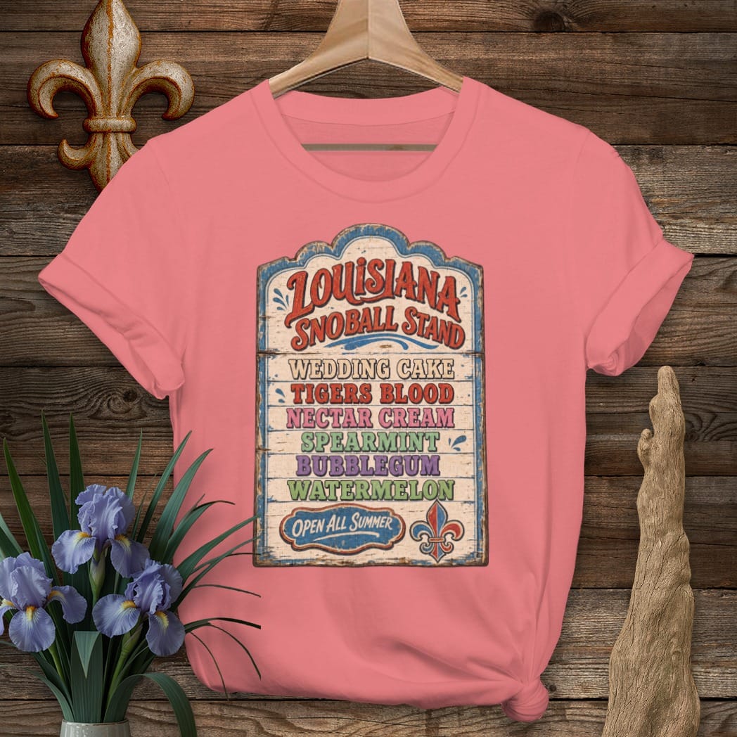 S / Coral Silk Louisiana Snoball Stand T-Shirt by Laissez Faire Wear