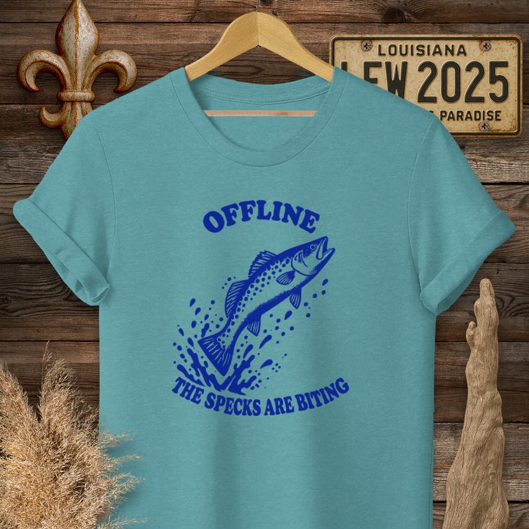 S / Heather Galapagos Blue Louisiana Specks Are Biting T-Shirt by Laissez Faire Wear