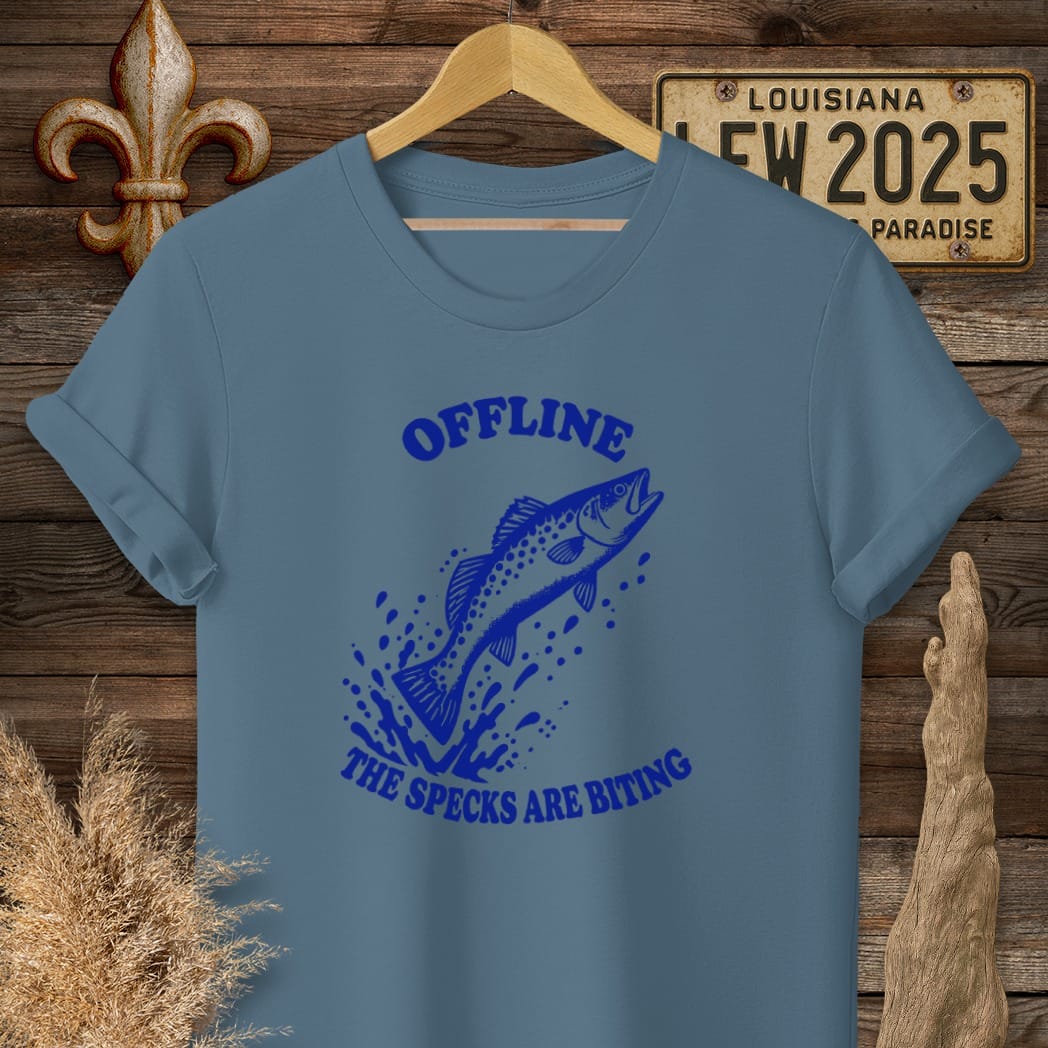 S / Indigo Blue Louisiana Specks Are Biting T-Shirt by Laissez Faire Wear