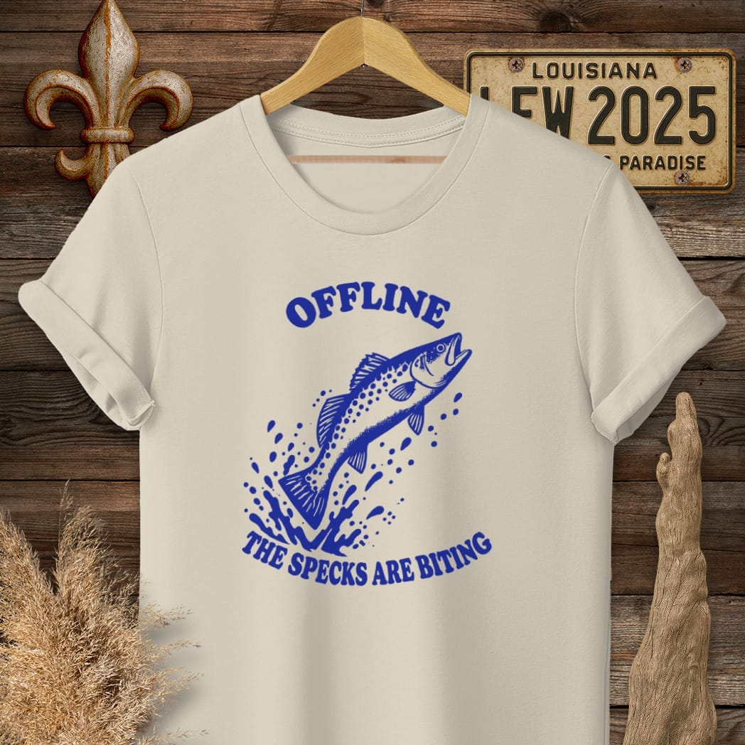 S / Sand Louisiana Specks Are Biting T-Shirt by Laissez Faire Wear