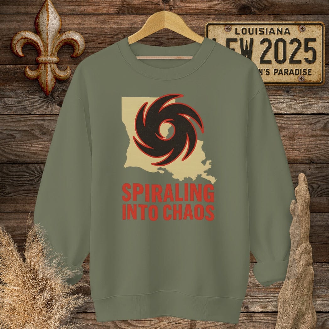 S / Military Green Louisiana Spiraling Into Chaos Sweatshirt by Laissez Faire Wear