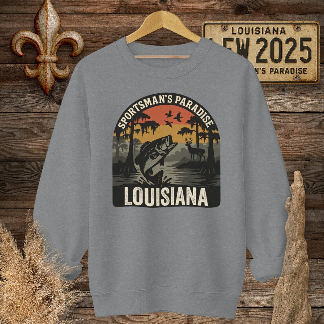 S / Graphite Heather Louisiana Sportsman Paradise Wildlife Retro Sweatshirt by Laissez Faire Wear