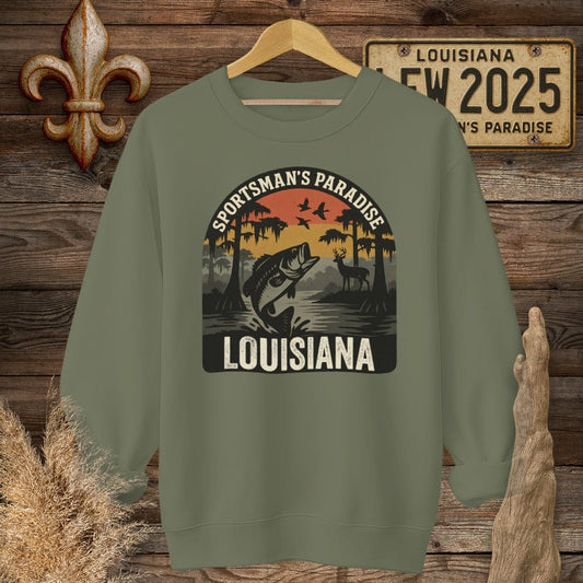 S / Military Green Louisiana Sportsman Paradise Wildlife Retro Sweatshirt by Laissez Faire Wear