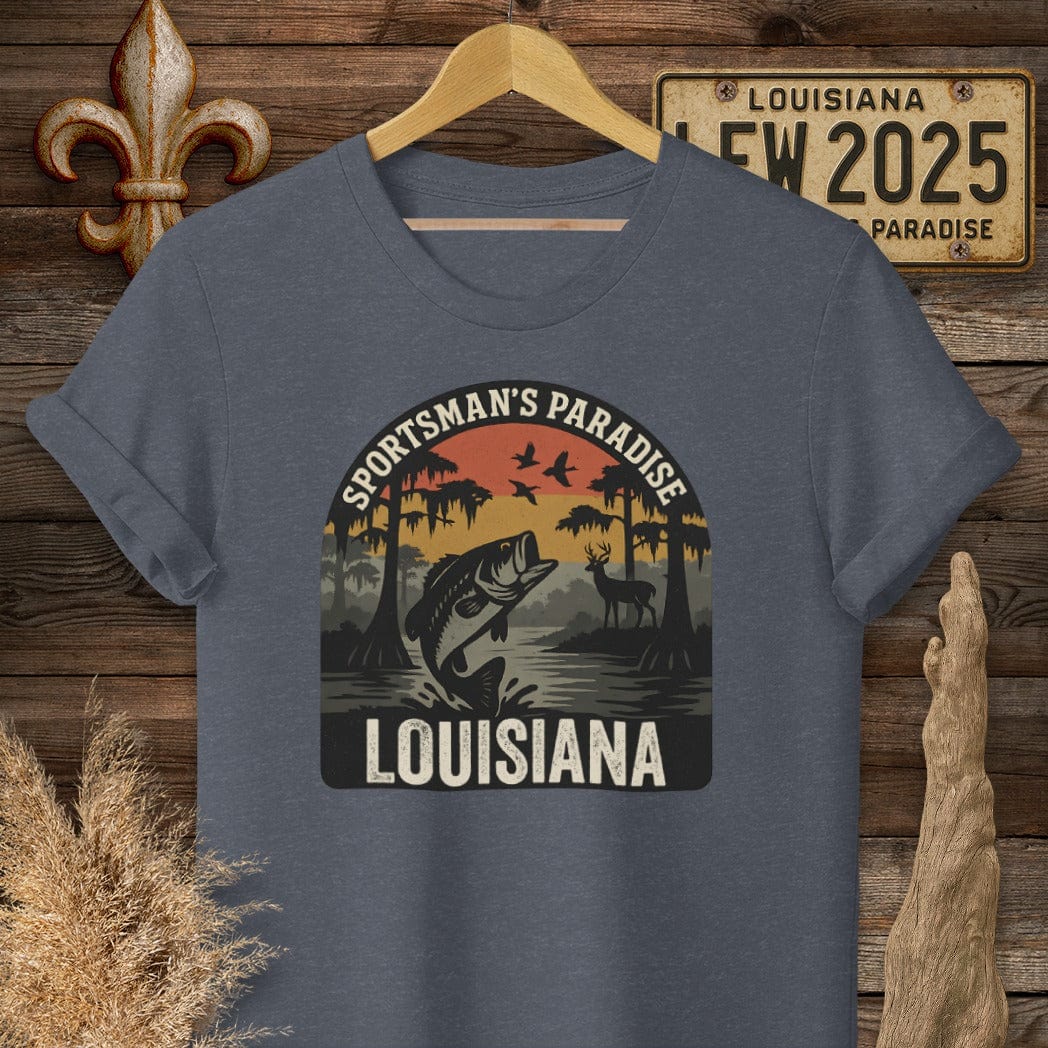 S / Heather Navy Louisiana Sportsman Paradise Wildlife Retro T-Shirt by Laissez Faire Wear