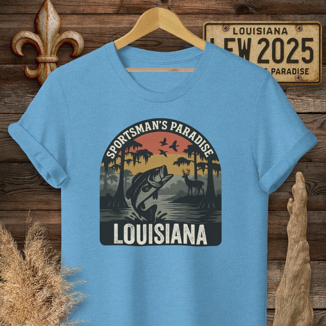 S / Heather Sapphire Louisiana Sportsman Paradise Wildlife Retro T-Shirt by Laissez Faire Wear