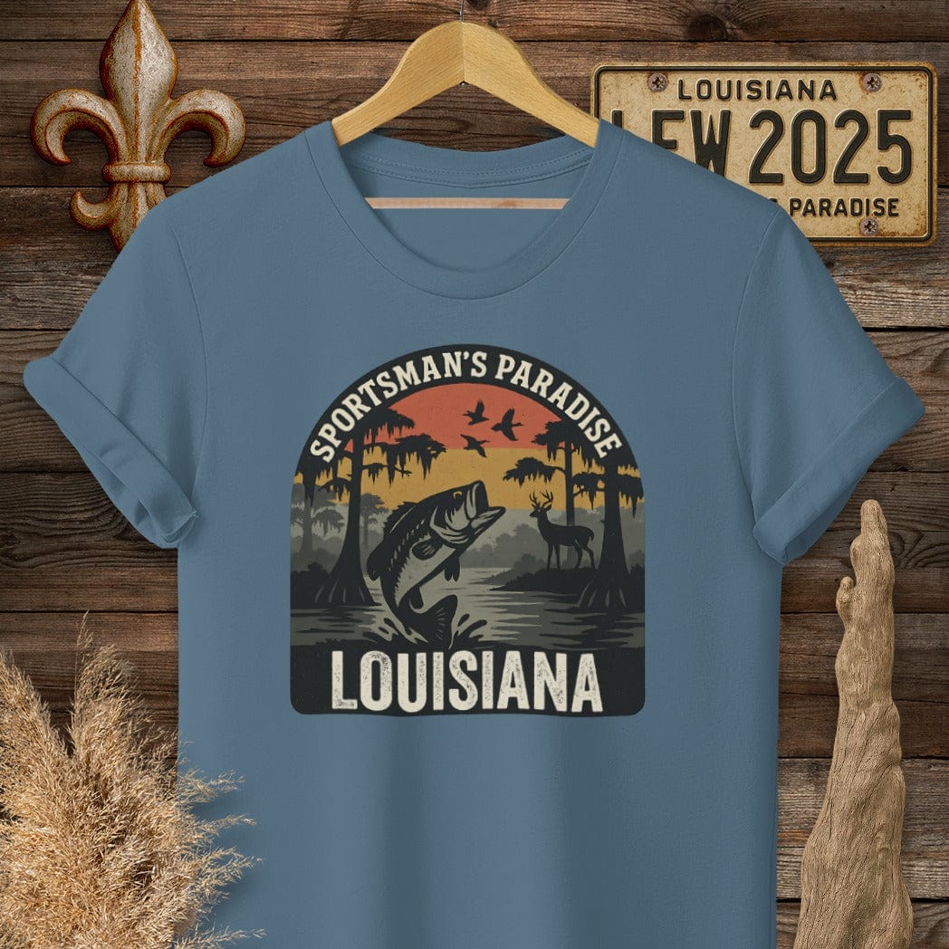 S / Indigo Blue Louisiana Sportsman Paradise Wildlife Retro T-Shirt by Laissez Faire Wear