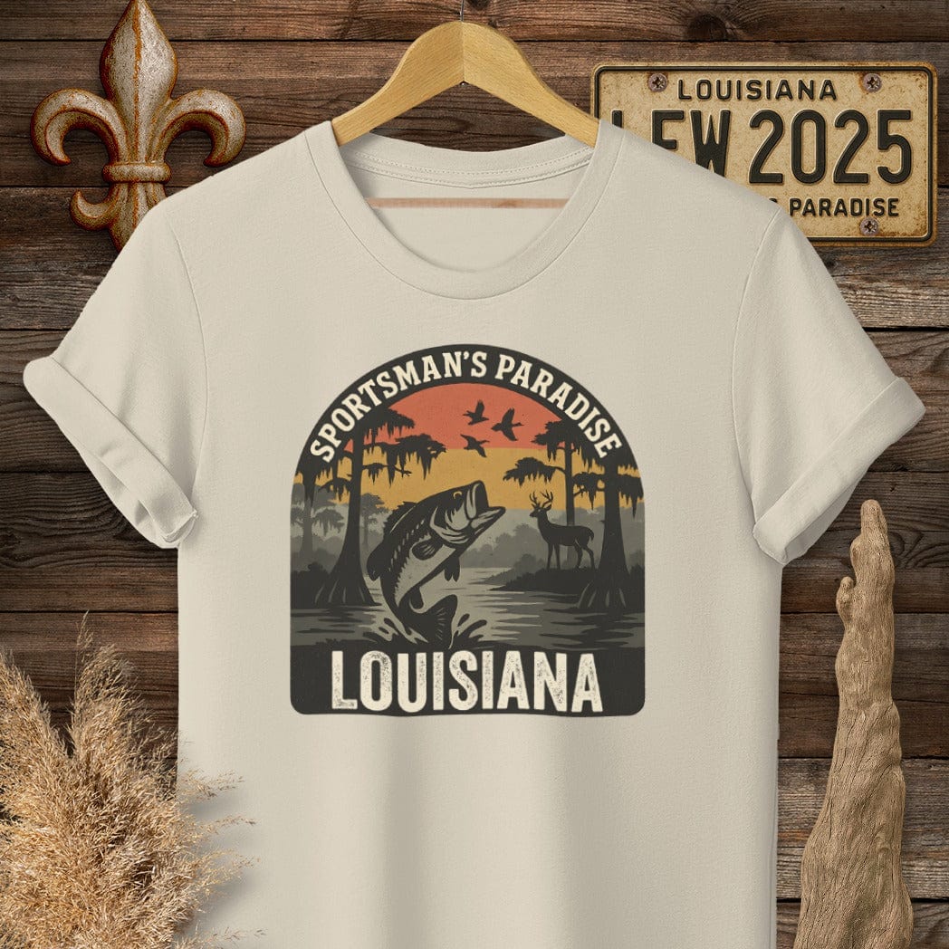 S / Sand Louisiana Sportsman Paradise Wildlife Retro T-Shirt by Laissez Faire Wear