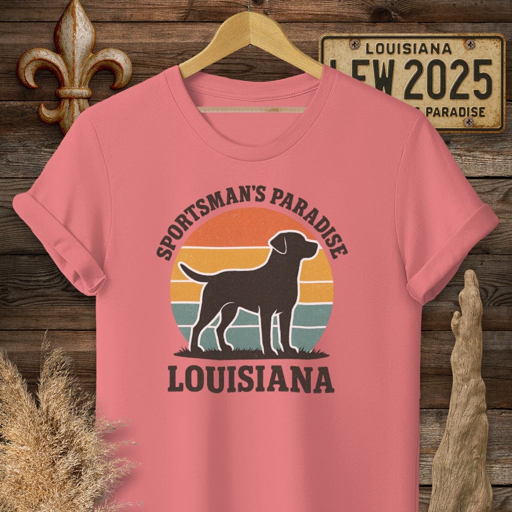 S / Coral Silk Louisiana Sportsman's Paradise Retro (Labrador) T-Shirt by Laissez Faire Wear