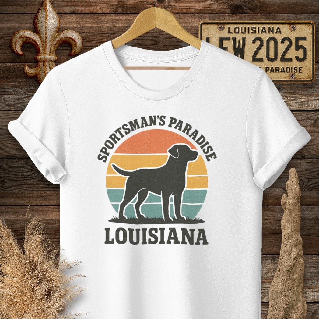 S / White Louisiana Sportsman's Paradise Retro (Labrador) T-Shirt by Laissez Faire Wear