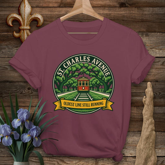 S / Maroon Louisiana St. Charles Streetcar T-Shirt by Laissez Faire Wear