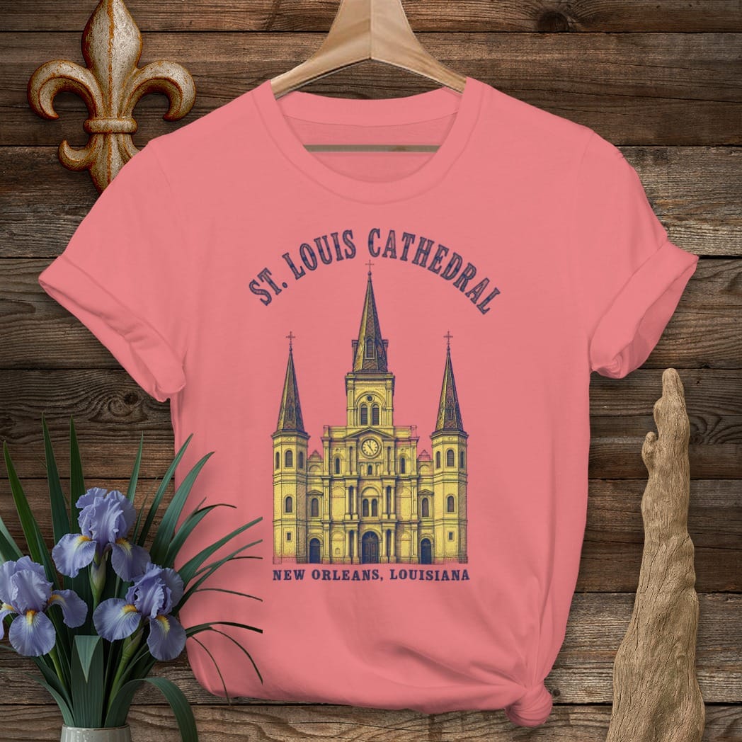 S / Coral Silk Louisiana St. Louis Cathedral T-Shirt by Laissez Faire Wear