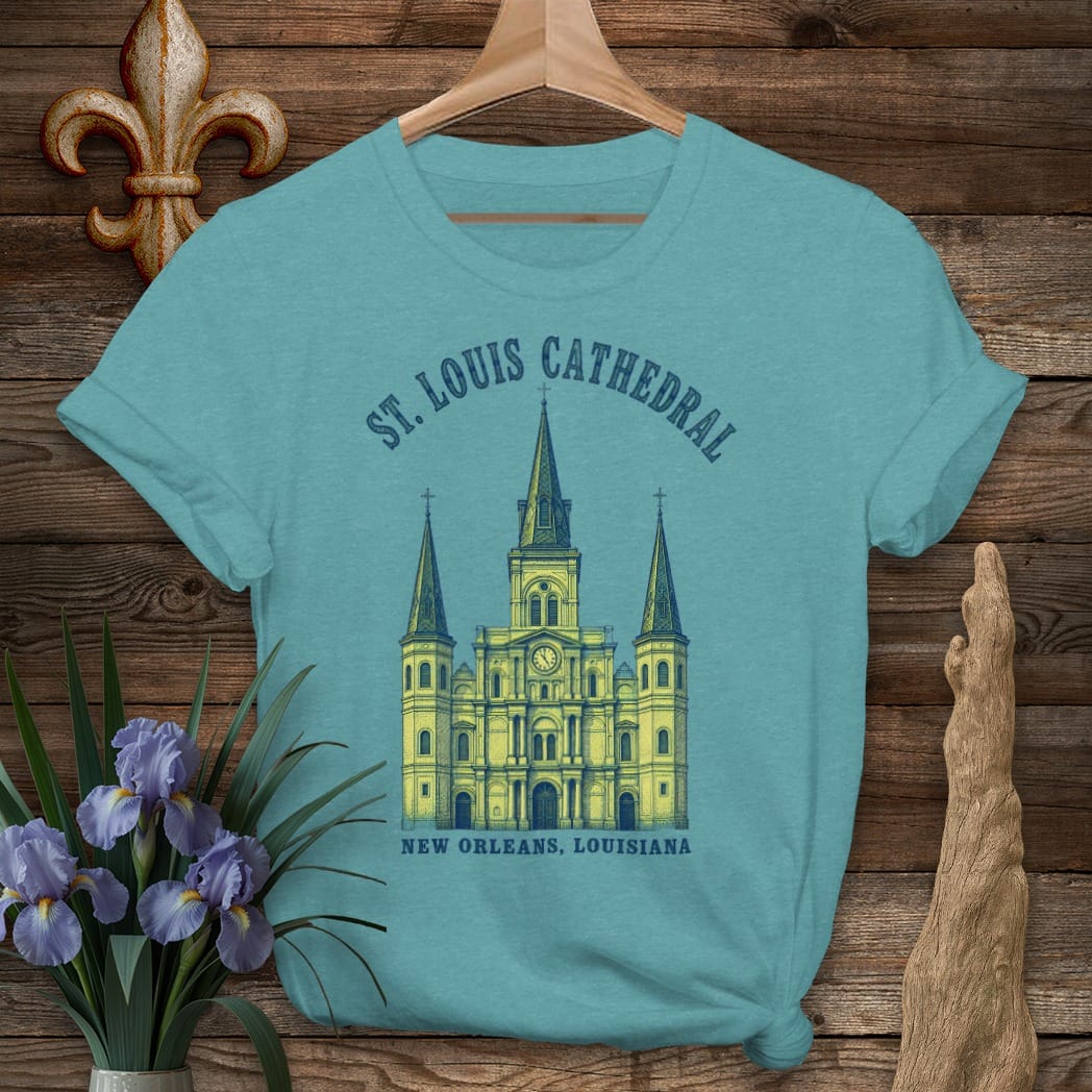 S / Heather Galapagos Blue Louisiana St. Louis Cathedral T-Shirt by Laissez Faire Wear