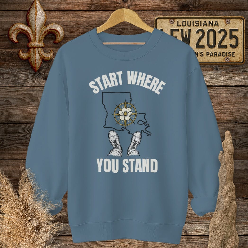 S / Indigo Blue Louisiana Start Where You Stand Sweatshirt by Laissez Faire Wear