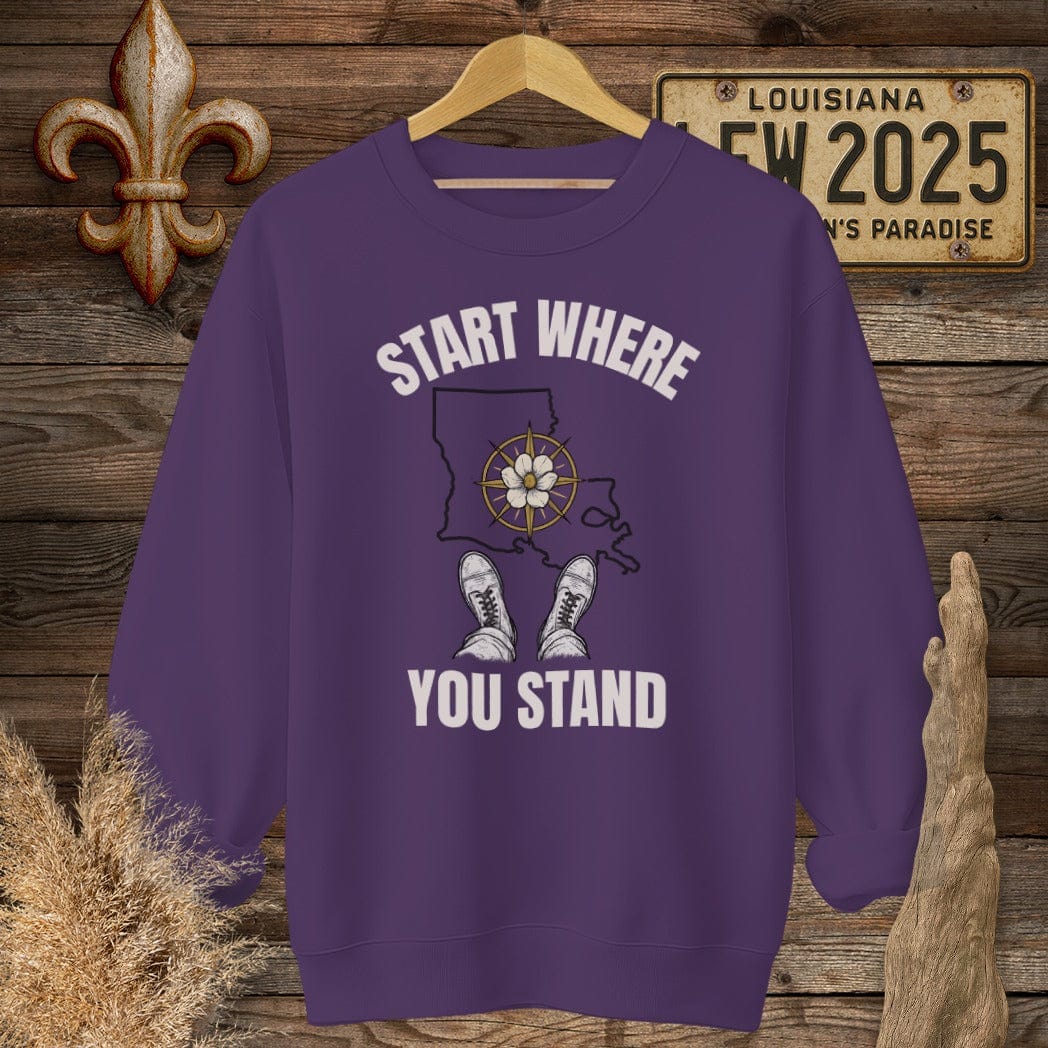 S / Purple Louisiana Start Where You Stand Sweatshirt by Laissez Faire Wear