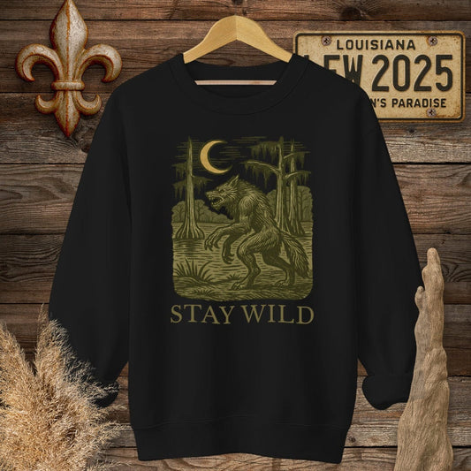 S / Black Louisiana Stay Wild Rougarou Sweatshirt by Laissez Faire Wear