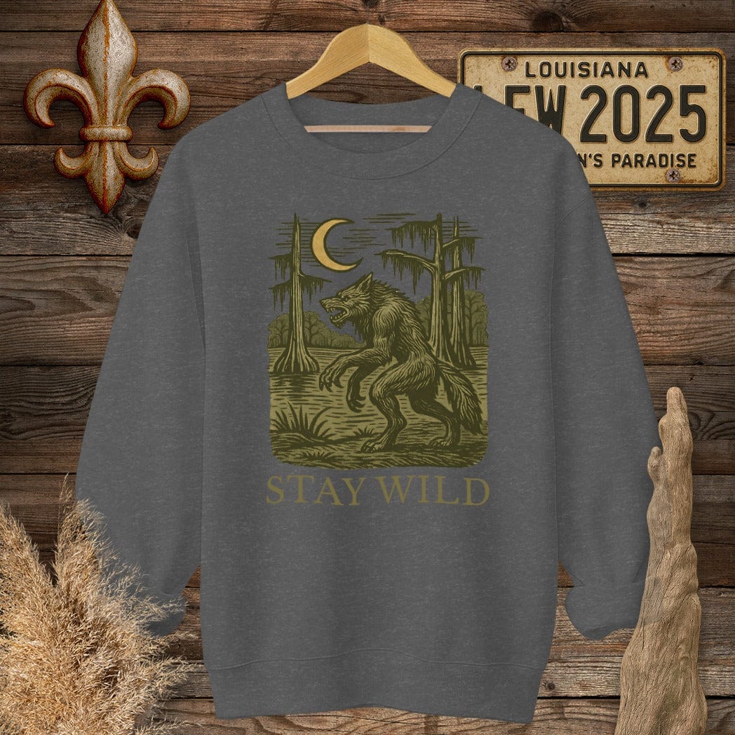 S / Dark Heather Louisiana Stay Wild Rougarou Sweatshirt by Laissez Faire Wear