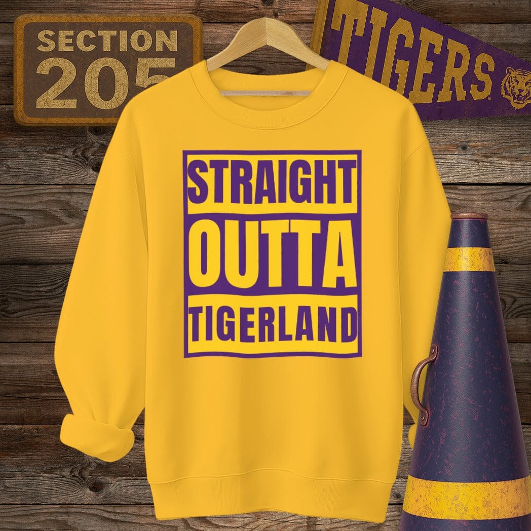 S / Gold Louisiana Straight Outta Tigerland Game Day Sweatshirt by Laissez Faire Wear