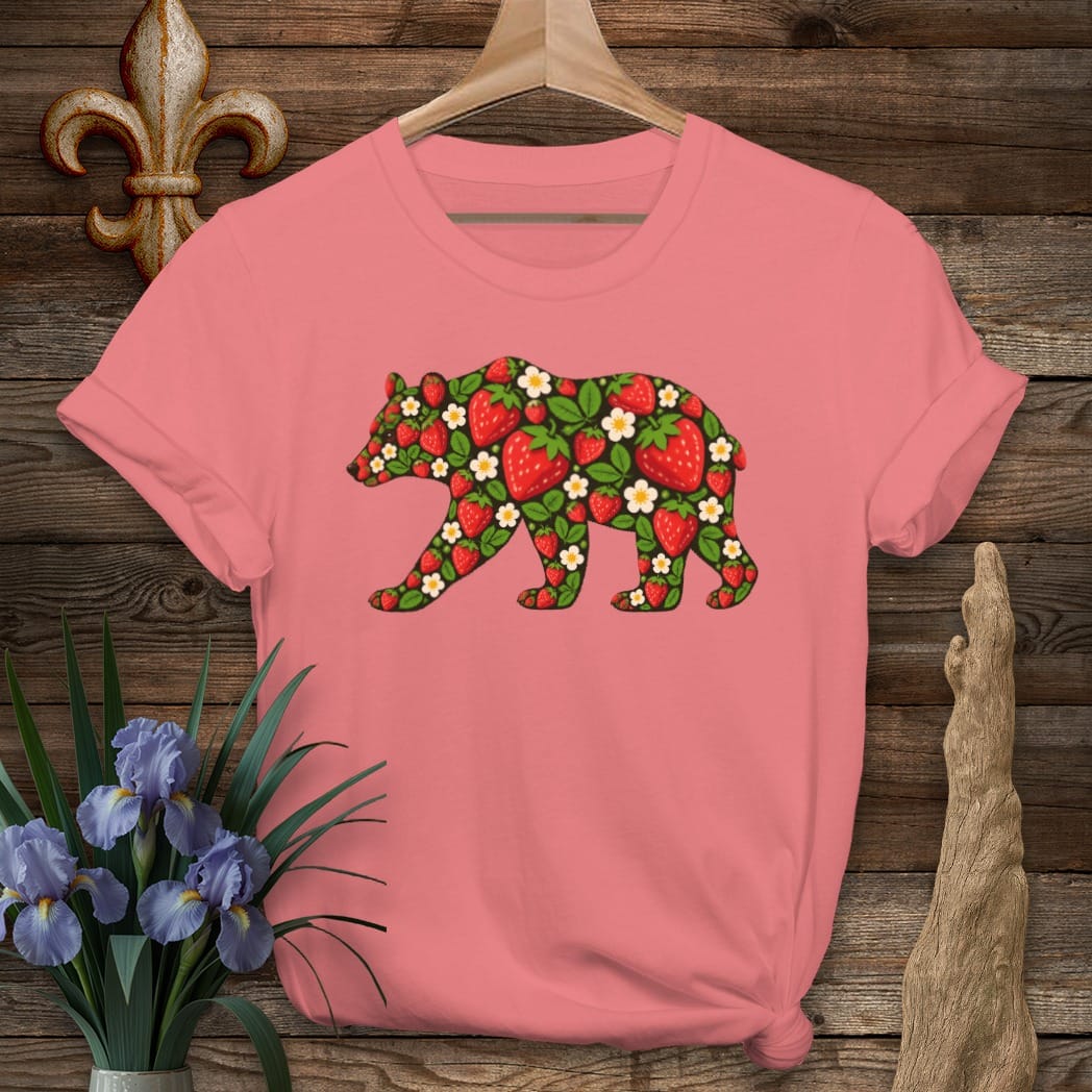 S / Coral Silk Louisiana Strawberry Bear T-Shirt by Laissez Faire Wear