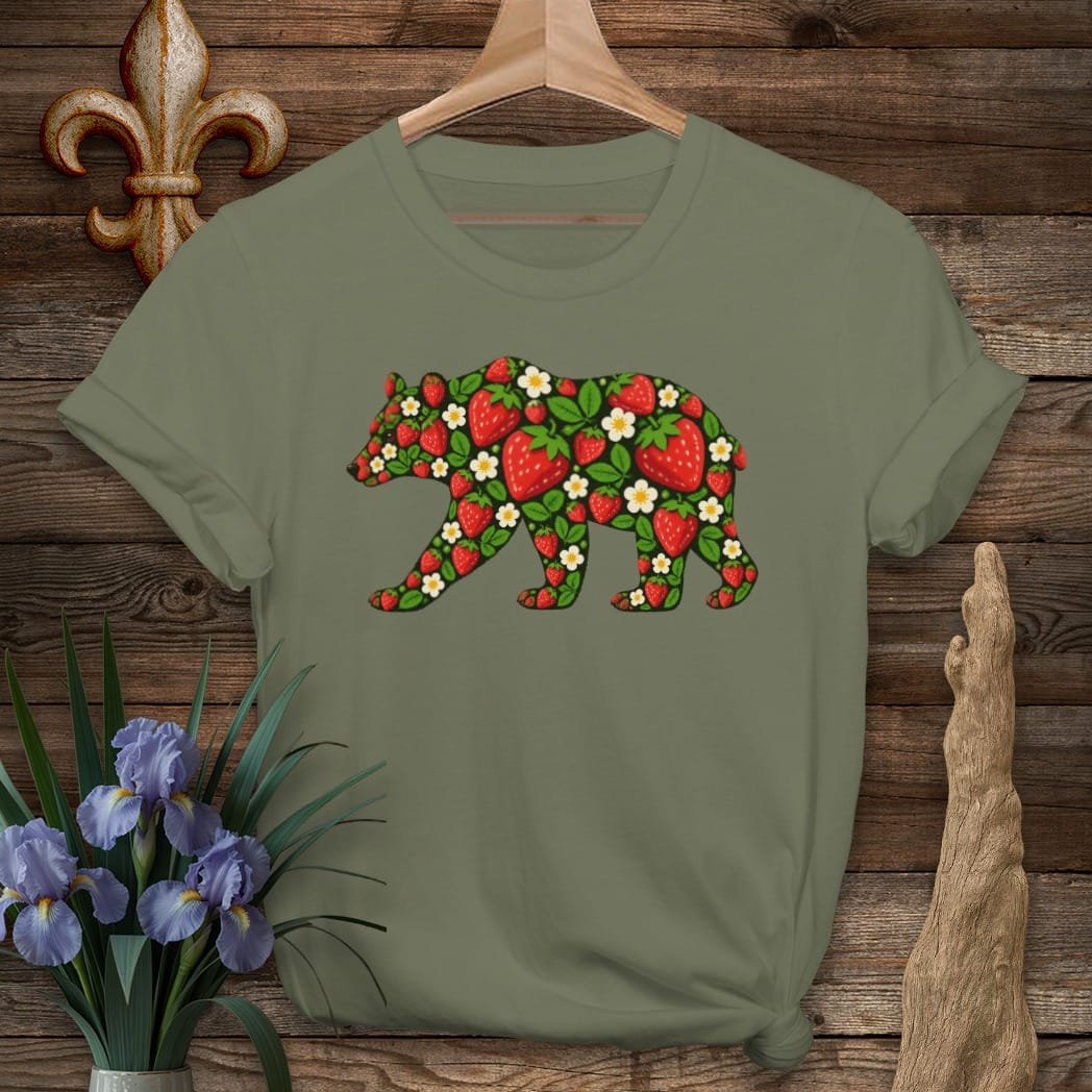 S / Military Green Louisiana Strawberry Bear T-Shirt by Laissez Faire Wear