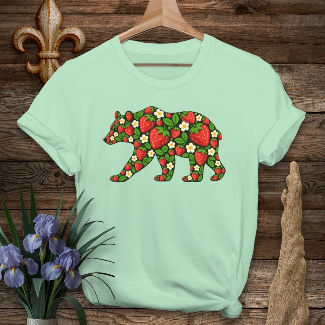 S / Mint Green Louisiana Strawberry Bear T-Shirt by Laissez Faire Wear