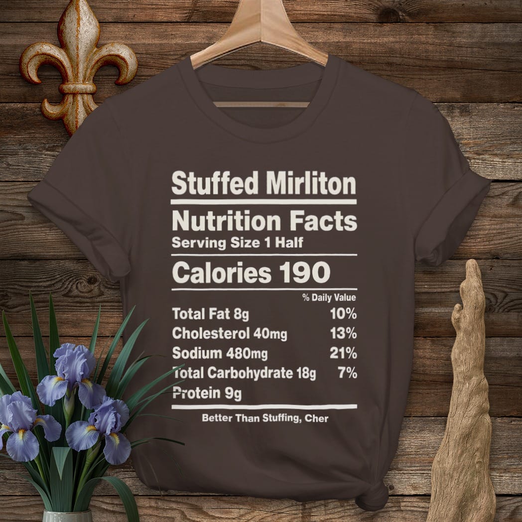 S / Dark Chocolate Louisiana Stuffed Mirliton Nutrition T-Shirt by Laissez Faire Wear
