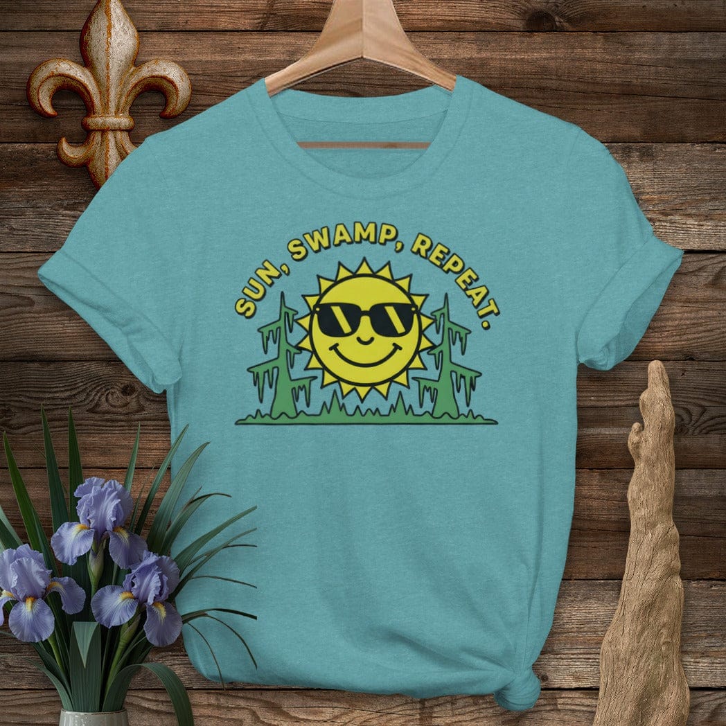S / Heather Galapagos Blue Louisiana Sun. Swamp. Repeat. T-Shirt by Laissez Faire Wear